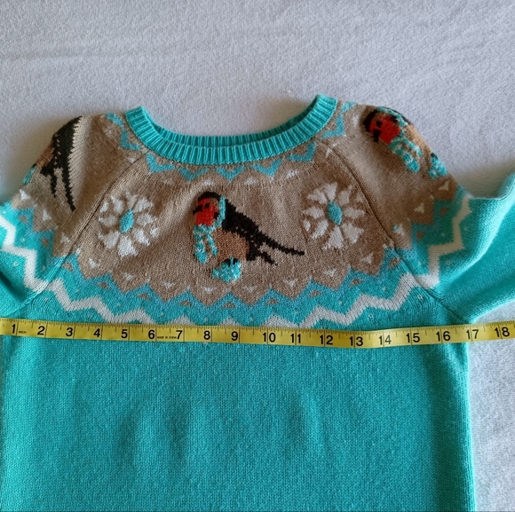 Talbots Teal Lambswool Knit Fair Isle Snow Bird Sweater, Size P - Picture 10 of 16